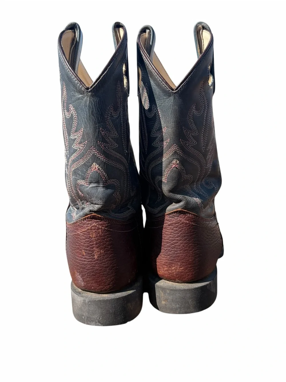 OLD WEST YOUTH LEATHER COWBOY BOOTS | SIZE 3.5 (035) | TWO-TONE BROWN & GREEN